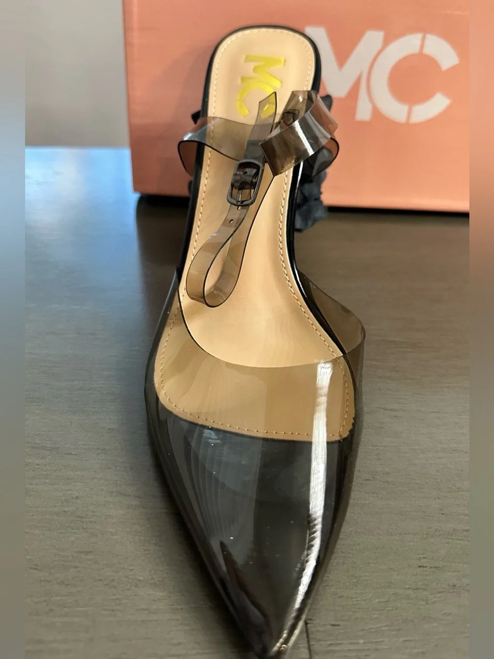 Clear PVC Pointed Toe Slingback Pumps in Black with Flower Petal Heel